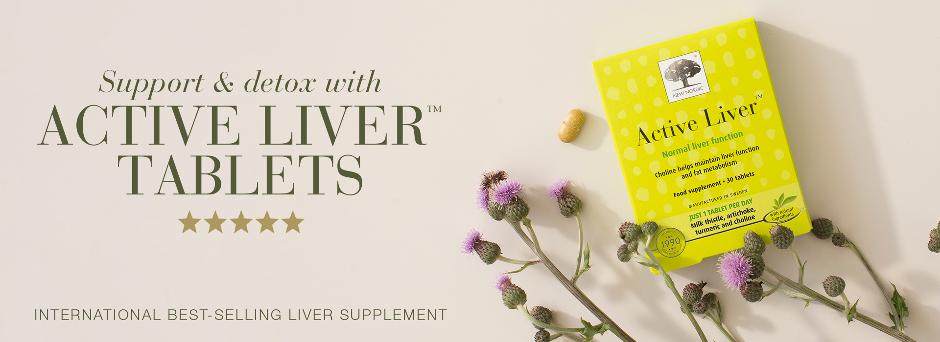 „Active Liver™“ komplekts ar uzrakstu „Atbalsts un detoksikācija ar „Active Liver“ tabletēm“.