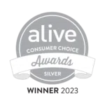 „Alive Consumer Choice Awards“ sudraba uzvarētāja nozīmīte ar uzrakstu „Winner 2023“.