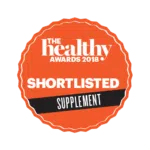 Zīmīte, kas apliecina iekļūšanu „The Healthy Awards 2018“ finālistu sarakstā uztura bagātinātāju kategorijā.