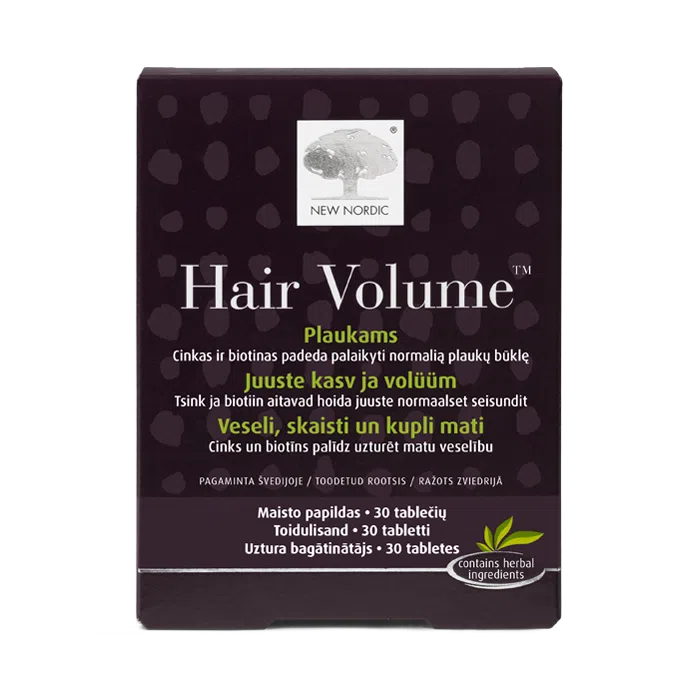 i_packshot_hairvolume_30_baltic „New Nordic Hair Volume™“ 30 tabletes ar ābolu ekstraktu palīdz uzturēt normālu matu, ādas un nagu stāvokli.