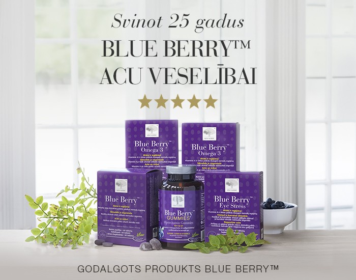 Blue Berry produktu klāsts ar uzrakstu par 25 gadiem acu veselībai