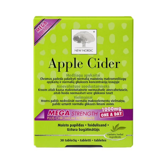 i_packshot_applecider_mega_BALTIC Apple Cider uztura bagātinātāja iepakojums koši zaļā dizainā ar ābolu sidra etiķi un hromu