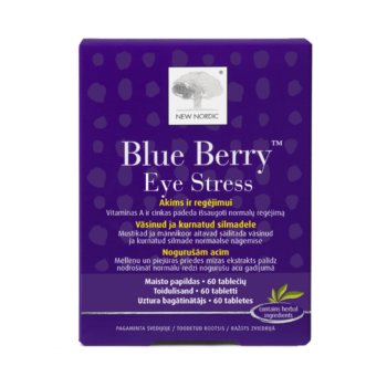 Blue Berry Eye Stress uztura bagātinātāja iepakojums violetā dizainā nogurušu acu atbalstam