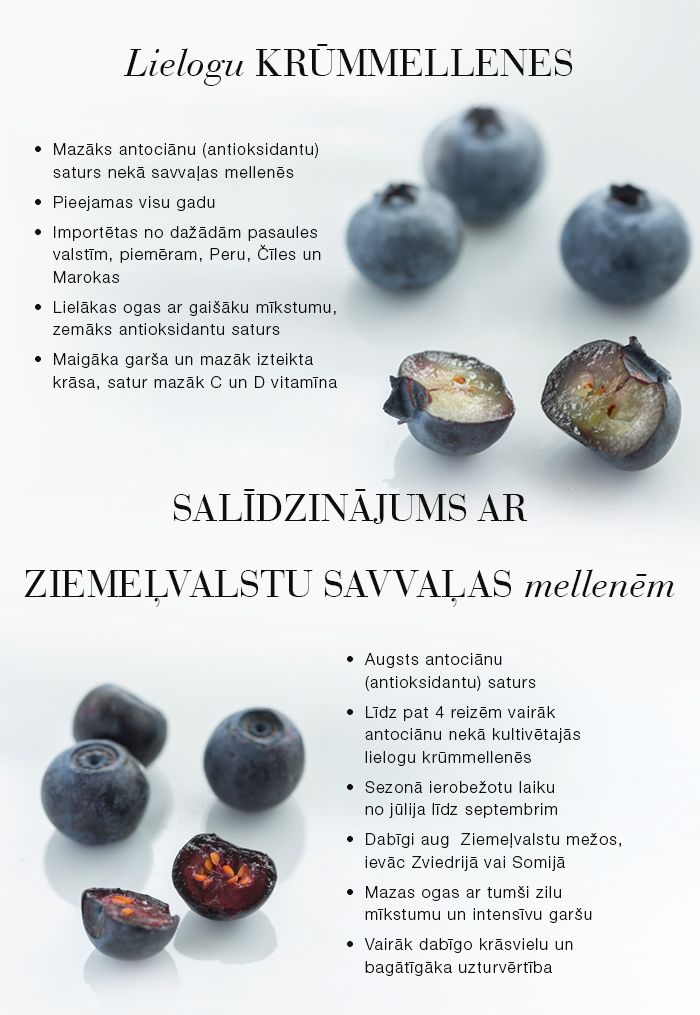Blue Berry reklāmas baneris ar mellenēm un salīdzinājumu ar Ziemeļvalstu savvaļas mellenēm