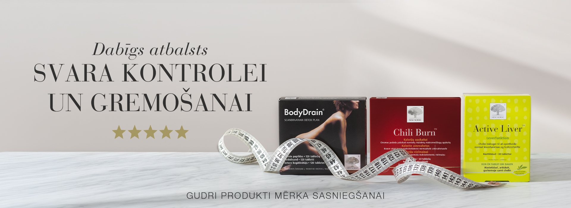 Svara kontrolei un gremošanai paredzētu New Nordic produktu reklāmas baneris datoriem