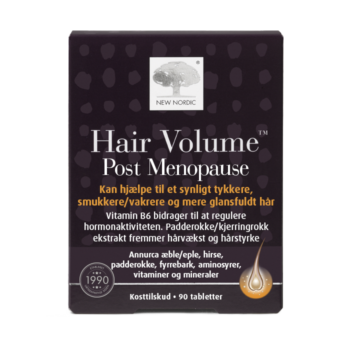 „New Nordic Hair Volume™ Post Menopause“ tablešu attēls – ar ābolu ekstraktu, B grupas vitamīniem, cinku, biotīnu un asinszāles ekstraktu palīdz saglabāt biezākus un spīdīgus matus.
