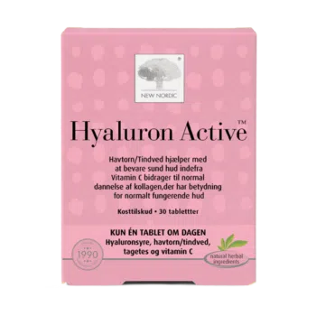 Jauno „Nordic Hyaluron Active™“ tablešu attēls – ar hialuronskābi un smiltsērkšķu ekstraktu palīdz saglabāt ādas tvirtumu un jaunības mirdzumu.