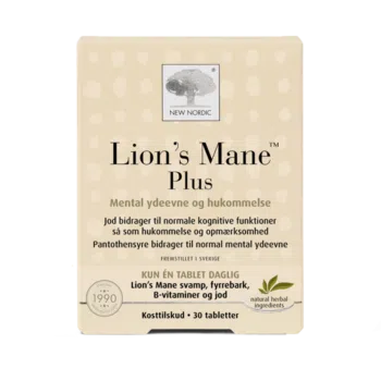 Lion’s Mane Plus uztura bagātinātāja iepakojums gaiši bēšā dizainā uz balta fona