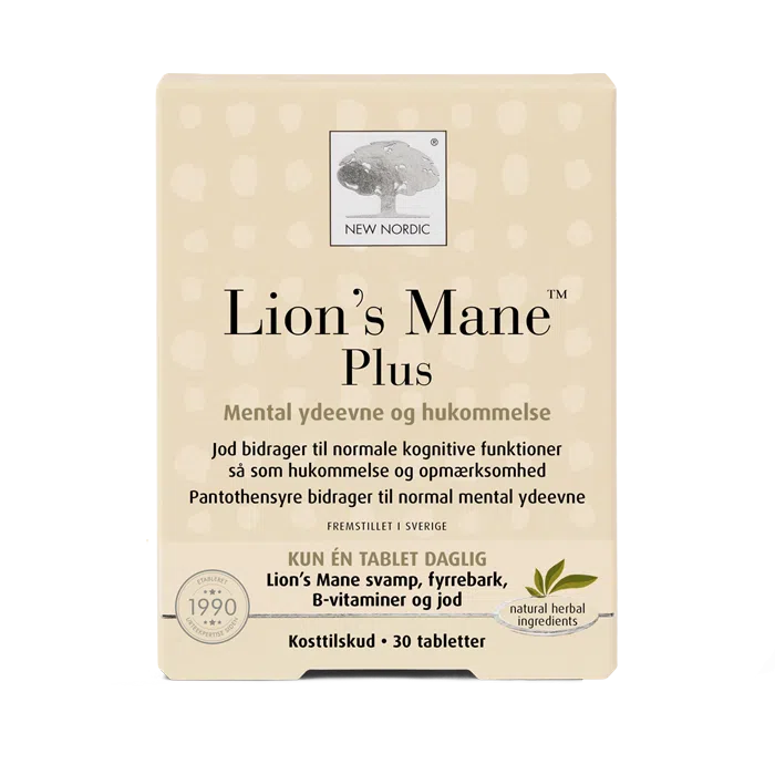 di_webpackshot_lionsmane_30_dk Lion’s Mane Plus uztura bagātinātāja iepakojums gaiši bēšā dizainā uz balta fona