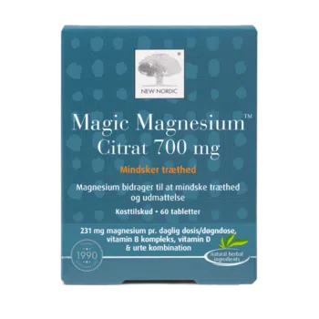„New Nordic Magic Magnesium Citrate™“ tabletes ar magniju, B grupas vitamīniem, jūras priedes mizas un garo piparu ekstraktiem palīdz uzturēt normālu muskuļu, nervu sistēmas, enerģijas apmaiņas un sirds darbību, uzlabo mikrocirkulāciju un palīdz mazināt nogurumu. Produkta attēls.