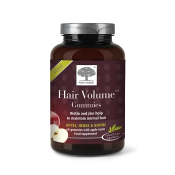„New Nordic Hair Volume™“ želejkonfektes ar biotīnu un cinku, kas palīdz uzturēt normālu matu, ādas un nagu stāvokli, ērti lietojamā želejkonfektes formā.