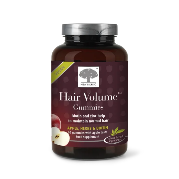 Home 16 „New Nordic Hair Volume™“ želejkonfektes ar biotīnu un cinku, kas palīdz uzturēt normālu matu, ādas un nagu stāvokli, ērti lietojamā želejkonfektes formā.