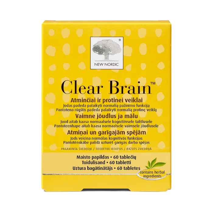 i_packshot_clearbrain_60_baltic „New Nordic Clear Brain™“ tabletes ar B grupas vitamīniem palīdz uzturēt kognitīvās funkcijas un garīgo darbību, kā arī mazināt noguruma sajūtu un izsīkumu.