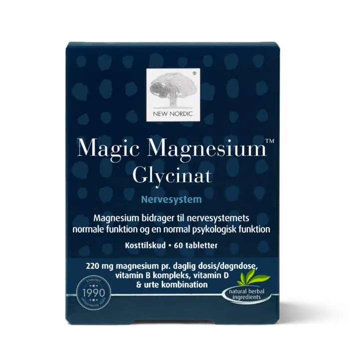 i_packshot_magicmagnesiumglycinate_60_dkno_250108 Magic Magnesium Glycinate uztura bagātinātāja iepakojums uz gaiša fona