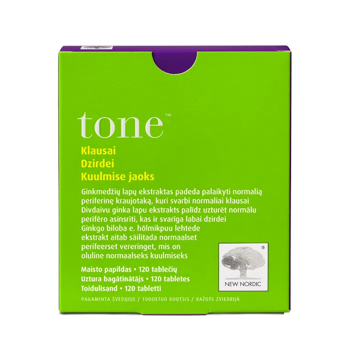 i_packshot_tone_120_baltic Tone uztura bagātinātāja 120 kapsulu iepakojums zaļā dizainā uz balta fona