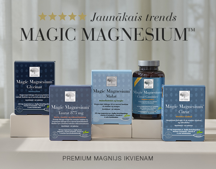 Magic Magnesium produktu klāsts reklāmas banerī ar uzrakstu par jaunāko magnija tendenci