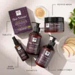 „Hair Volume™“ sērijas produkti, tostarp atjaunojošā maska, tabletes, kondicionieris, šampūns un matu serums.