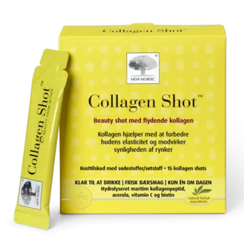 „New Nordic Collagen Shots™“ ar hidrolizētu jūras kolagēnu, C vitamīnu, acerolu un biotīnu palīdz saglabāt ādas elastību un mazināt grumbu redzamību. Produkta attēls.