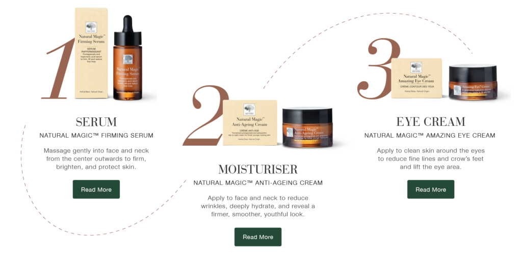 Parāda, kā lietot „New Nordic“ ādas kopšanas līdzekļus: vispirms serums, tad mitrinošais krēms, pēc tam acu krēms.