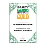 Sertifikāts, kas apliecina „Beauty Awards London“ zelta balvas iegūšanu, ar dekoratīvu zaļu apmali.