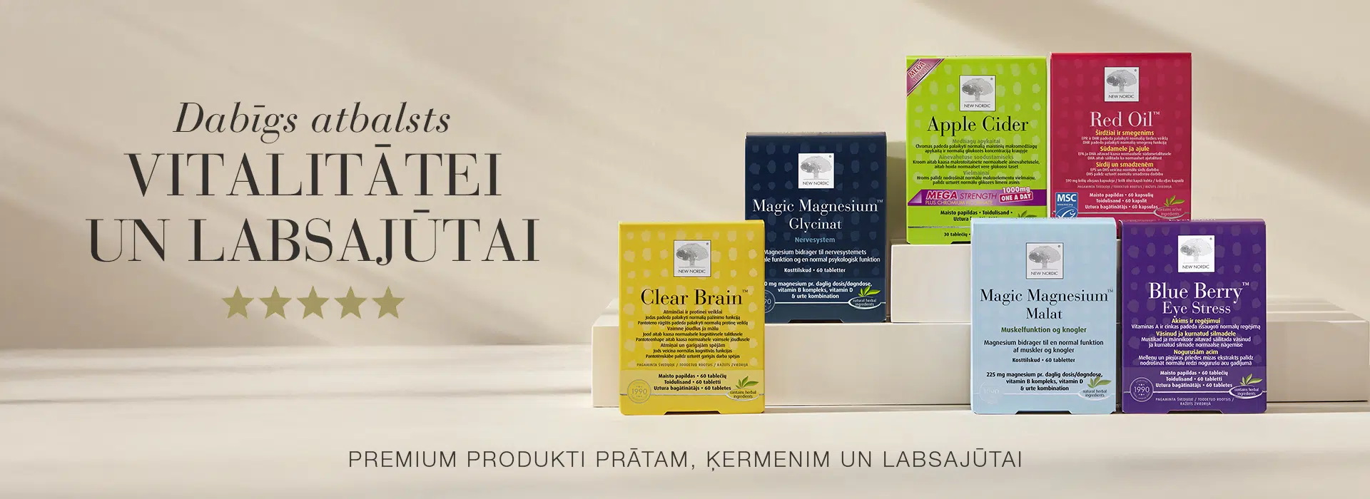 New Nordic produktu klāsts vitalitātei un labsajūtai uz gaiša fona