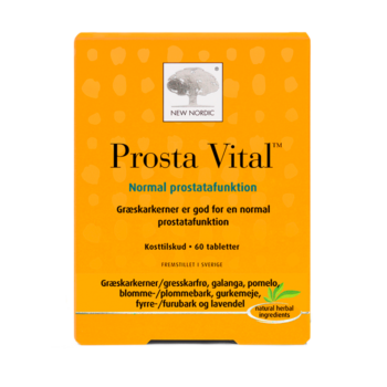 „New Nordic Prosta Vita™“ tabletes palīdz uzturēt vīriešu veselību un vitalitāti, pateicoties ķirbju sēklu ekstrakta, folijskābes un augu ekstraktu kombinācijai. Produkta attēls.
