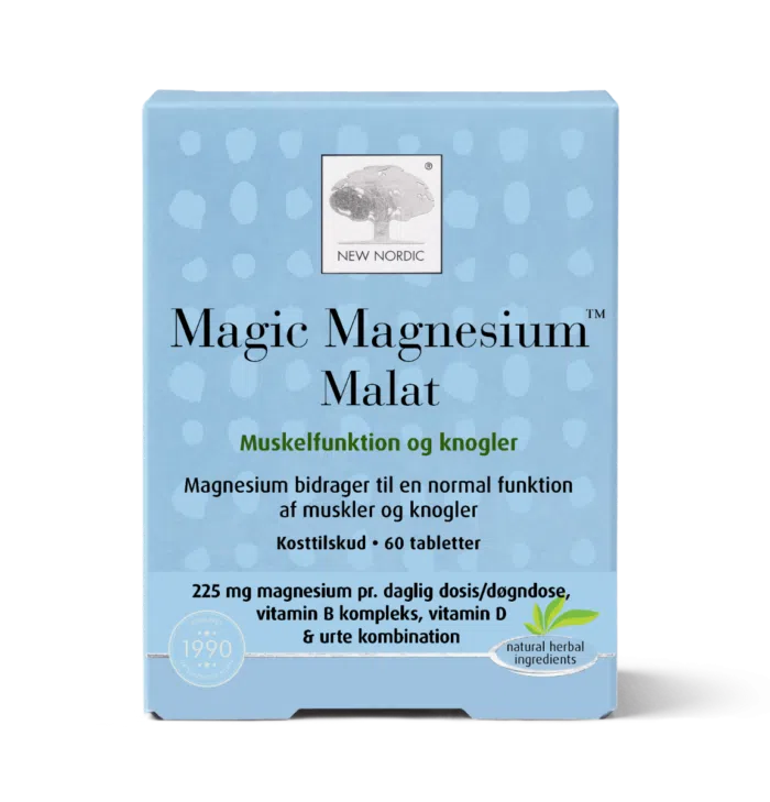 i_packshot_magicmagnesiummalate_60_dkno_250108 Magic Magnesium Malate uztura bagātinātāja iepakojums uz gaiši zila fona