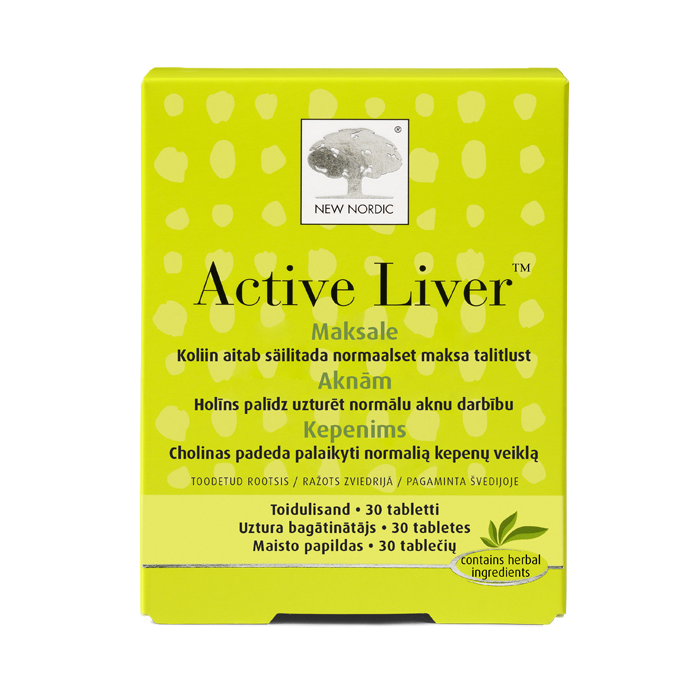 Active Liver uztura bagātinātāja iepakojums uz gaiša fona