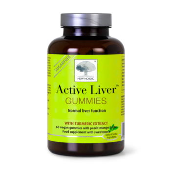 Active Liver Gummies uztura bagātinātāja pudelīte koši zaļā dizainā aknu funkcijas atbalstam