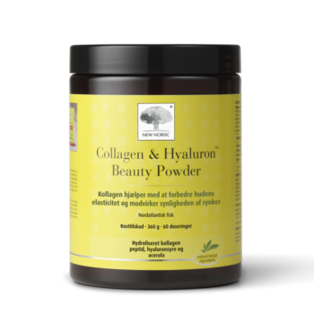 Collagen & Hyaluron Beauty Powder uztura bagātinātāja trauks dzeltenā dizainā ar kolagēnu un hialuronskābi