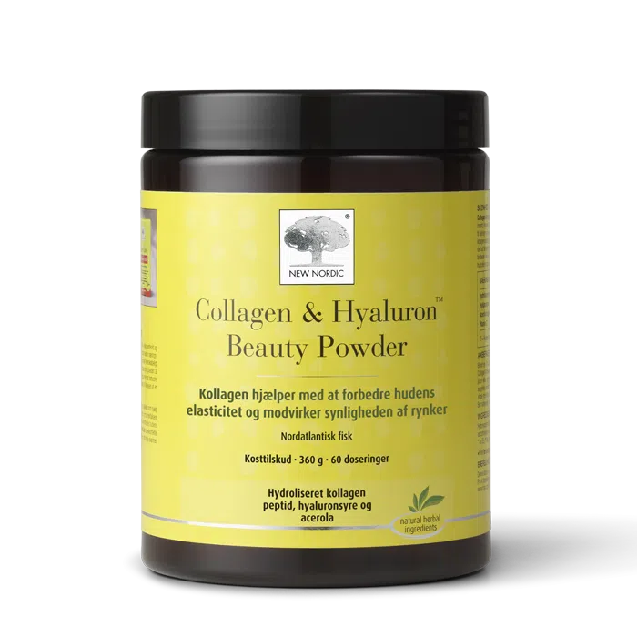 di_webpackshot_beautypowder_360g_new_dk Collagen & Hyaluron Beauty Powder uztura bagātinātāja trauks dzeltenā dizainā ar kolagēnu un hialuronskābi