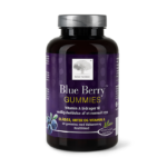 Blue Berry Gummies uztura bagātinātāja pudelīte violetā dizainā ar melleņu garšu