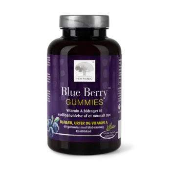 Blue Berry Gummies uztura bagātinātāja pudelīte violetā dizainā ar melleņu garšu