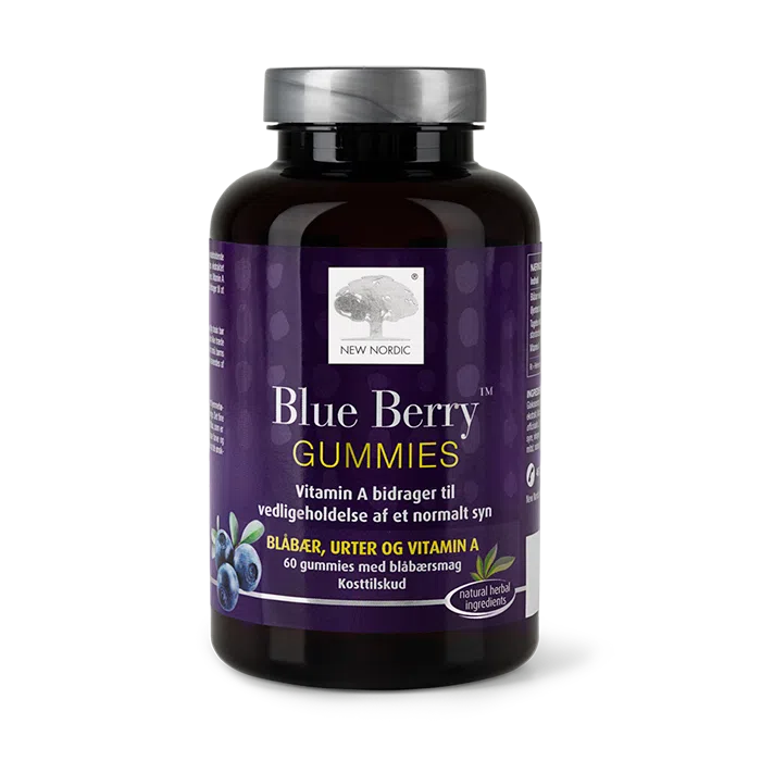 di_webpackshot_blueberryGUMMIES_60_dk_front Blue Berry Gummies uztura bagātinātāja pudelīte violetā dizainā ar melleņu garšu