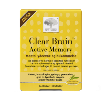 Clear Brain Active Memory uztura bagātinātāja iepakojums dzeltenā dizainā atmiņas un garīgās veiktspējas atbalstam