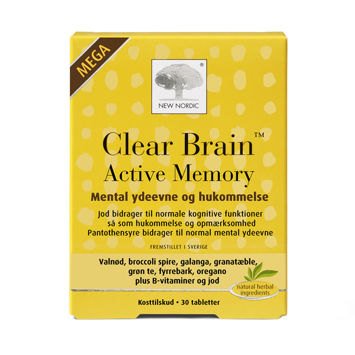 di_webpackshot_clearbrain_activememory_dk Clear Brain Active Memory uztura bagātinātāja iepakojums dzeltenā dizainā atmiņas un garīgās veiktspējas atbalstam