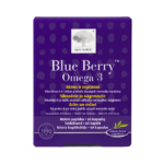 Blue Berry Omega 3 uztura bagātinātāja iepakojums violetā dizainā acu un redzes atbalstam
