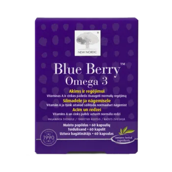 Blue Berry Omega 3 uztura bagātinātāja iepakojums violetā dizainā acu un redzes atbalstam