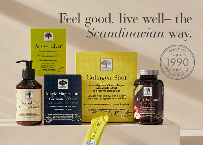 New Nordic produktu izlase uz bēša fona ar Active Liver, Collagen Shot, Magic Magnesium un Hair Volume produktiem