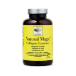 Natural Magic Collagen Gummies uztura bagātinātāja pudelīte dzeltenā dizainā uz balta fona
