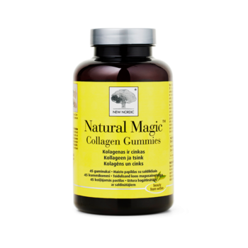 Natural Magic Collagen Gummies uztura bagātinātāja pudelīte dzeltenā dizainā uz balta fona