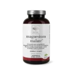 Magnesium Malate uztura bagātinātāja pudelīte baltā dizainā uz gaiša fona