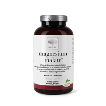 Magnesium Malate uztura bagātinātāja pudelīte baltā dizainā uz gaiša fona