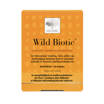 Wild Biotic uztura bagātinātāja iepakojums oranžā dizainā uz balta fona
