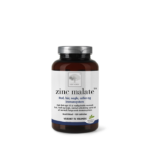 Zinc Malate uztura bagātinātāja pudelīte ar cinku uz balta fona