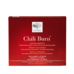Chili Burn uztura bagātinātāja iepakojums sarkanā dizainā uz balta fona