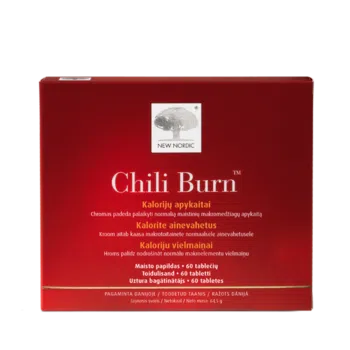 Chili Burn uztura bagātinātāja iepakojums sarkanā dizainā uz balta fona