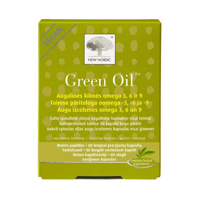 i_packshot_greenoil_60_baltic Green Oil uztura bagātinātāja iepakojums zaļā dizainā, 60 kapsulas