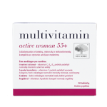 Multivitamin Active Woman 55+ uztura bagātinātāja iepakojums baltā dizainā ar rozā akcentiem