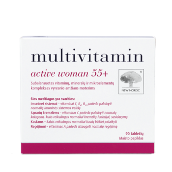 Multivitamin Active Woman 55+ uztura bagātinātāja iepakojums baltā dizainā ar rozā akcentiem